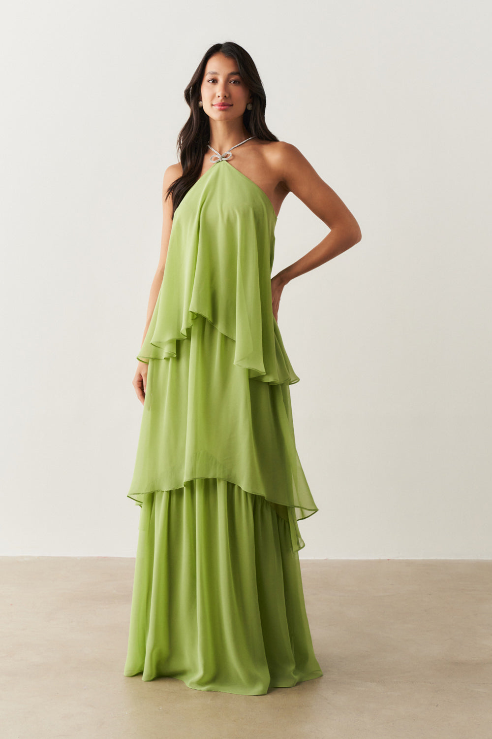 Vestido de Festa Longo em Camadas - Barcelona Verde Matchá