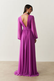 Vestido Longo com Decote V, Manga Longa e Fenda Lateral - Fabíola II Violeta