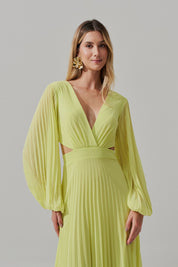 Vestido Longo com Decote V, Manga Longa e Saia Plissada - Bene Lima