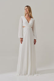 Vestido Longo com Decote V, Manga Longa e Saia Plissada - Bene Off White