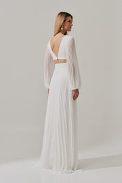 Vestido Longo com Decote V, Manga Longa e Saia Plissada - Bene Off White
