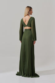 Vestido Longo com Decote V, Manga Longa e Saia Plissada - Bene Oliva