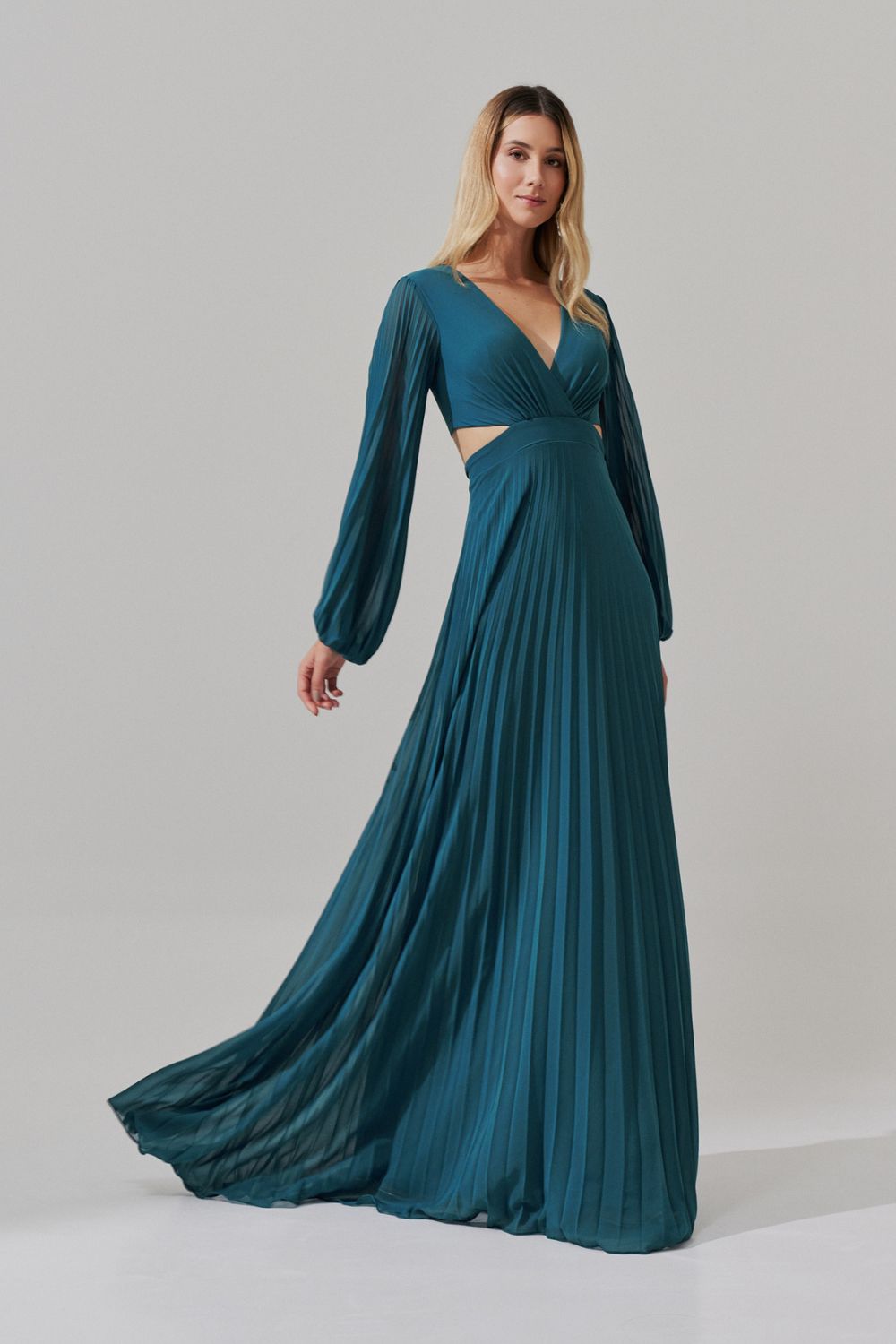 Vestido Longo com Decote V, Manga Longa e Saia Plissada - Bene Petróleo