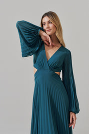 Vestido Longo com Decote V, Manga Longa e Saia Plissada - Bene Petróleo