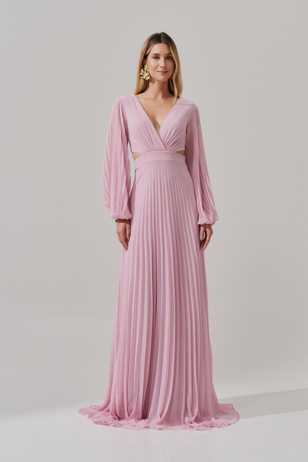 Vestido Longo com Decote V, Manga Longa e Saia Plissada - Bene Rosa