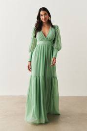 Vestido Longo  com Decote V, Mangas Bufantes e Abertura nas Costas - Belize Menta