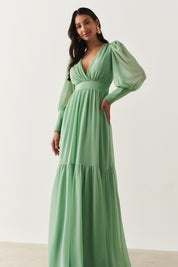 Vestido Longo  com Decote V, Mangas Bufantes e Abertura nas Costas - Belize Menta
