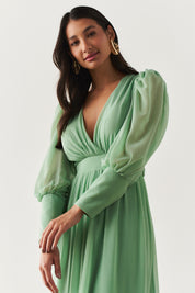 Vestido Longo  com Decote V, Mangas Bufantes e Abertura nas Costas - Belize Menta