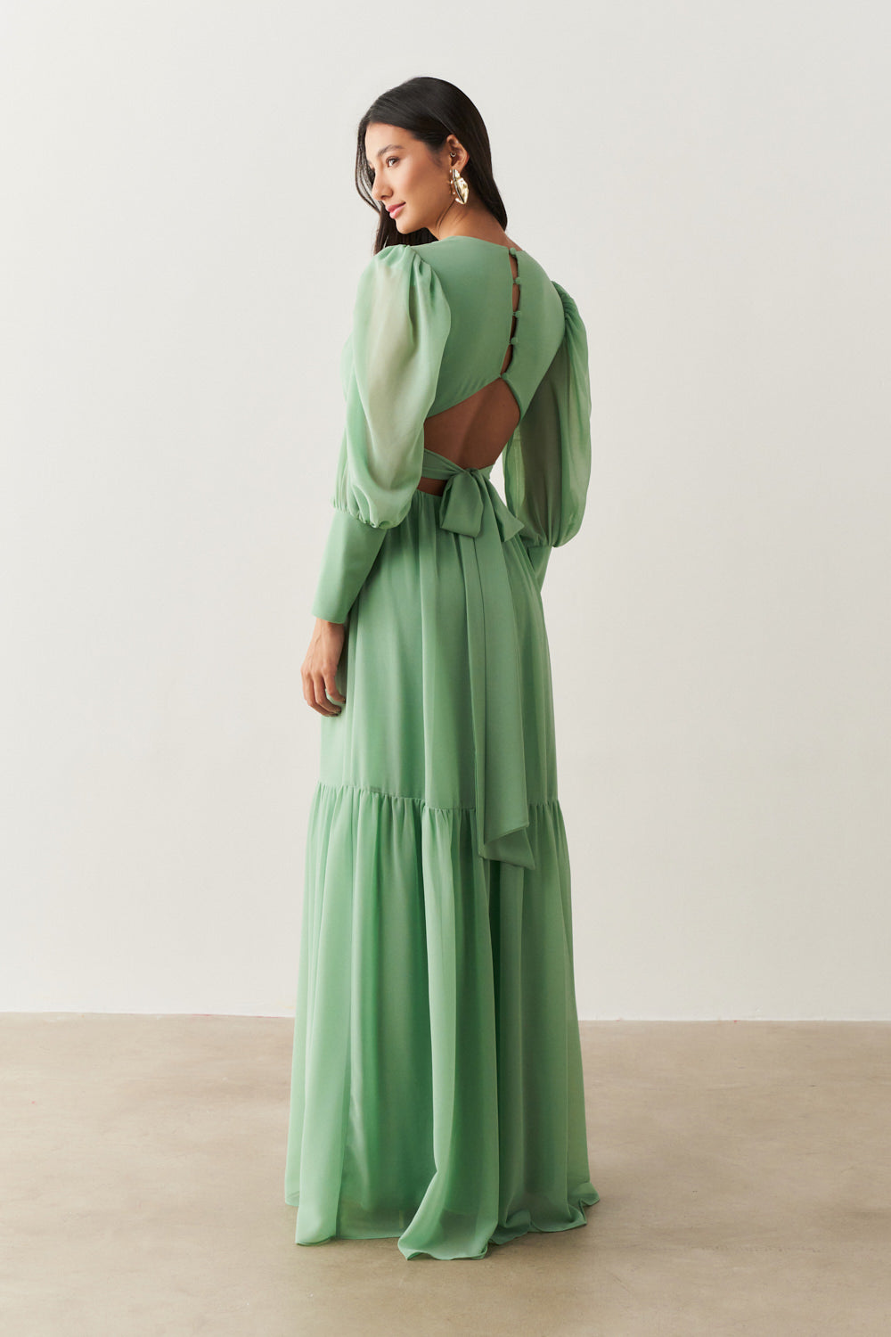 Vestido Longo  com Decote V, Mangas Bufantes e Abertura nas Costas - Belize Menta