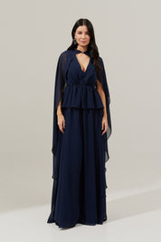 Vestido Longo com Decote V, Saia Fluida e Capa Removível - Carmelo Azul Marinho