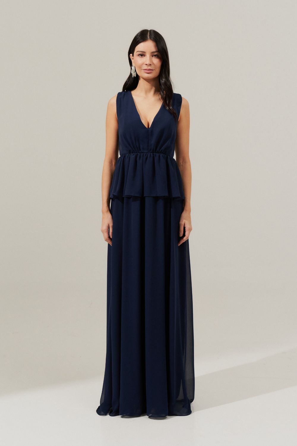 Vestido Longo com Decote V, Saia Fluida e Capa Removível - Carmelo Azul Marinho