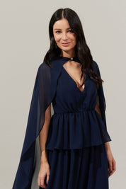 Vestido Longo com Decote V, Saia Fluida e Capa Removível - Carmelo Azul Marinho