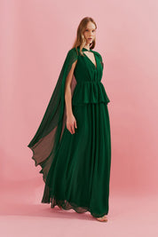 Vestido Longo com Decote V, Saia Fluida e Capa Removível - Carmelo Bandeira