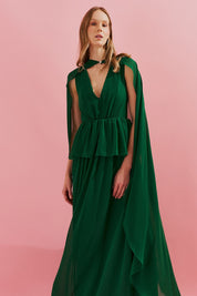 Vestido Longo com Decote V, Saia Fluida e Capa Removível - Carmelo Bandeira