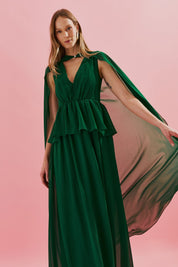 Vestido Longo com Decote V, Saia Fluida e Capa Removível - Carmelo Bandeira