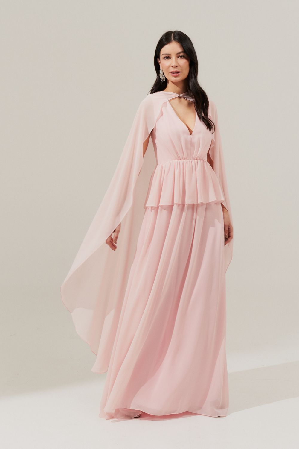 Vestido Longo com Decote V, Saia Fluida e Capa Removível - Carmelo Rosa