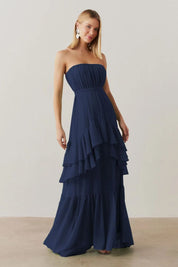 Vestido Longo com Franzidos no Busto, Saia em Babados e Cinto Removível - Salta Azul Marinho