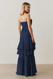 Vestido Longo com Franzidos no Busto, Saia em Babados e Cinto Removível - Salta Azul Marinho