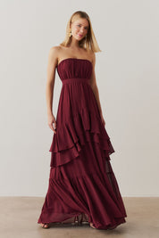 Vestido Longo com Franzidos no Busto, Saia em Babados e Cinto Removível - Salta Marsala