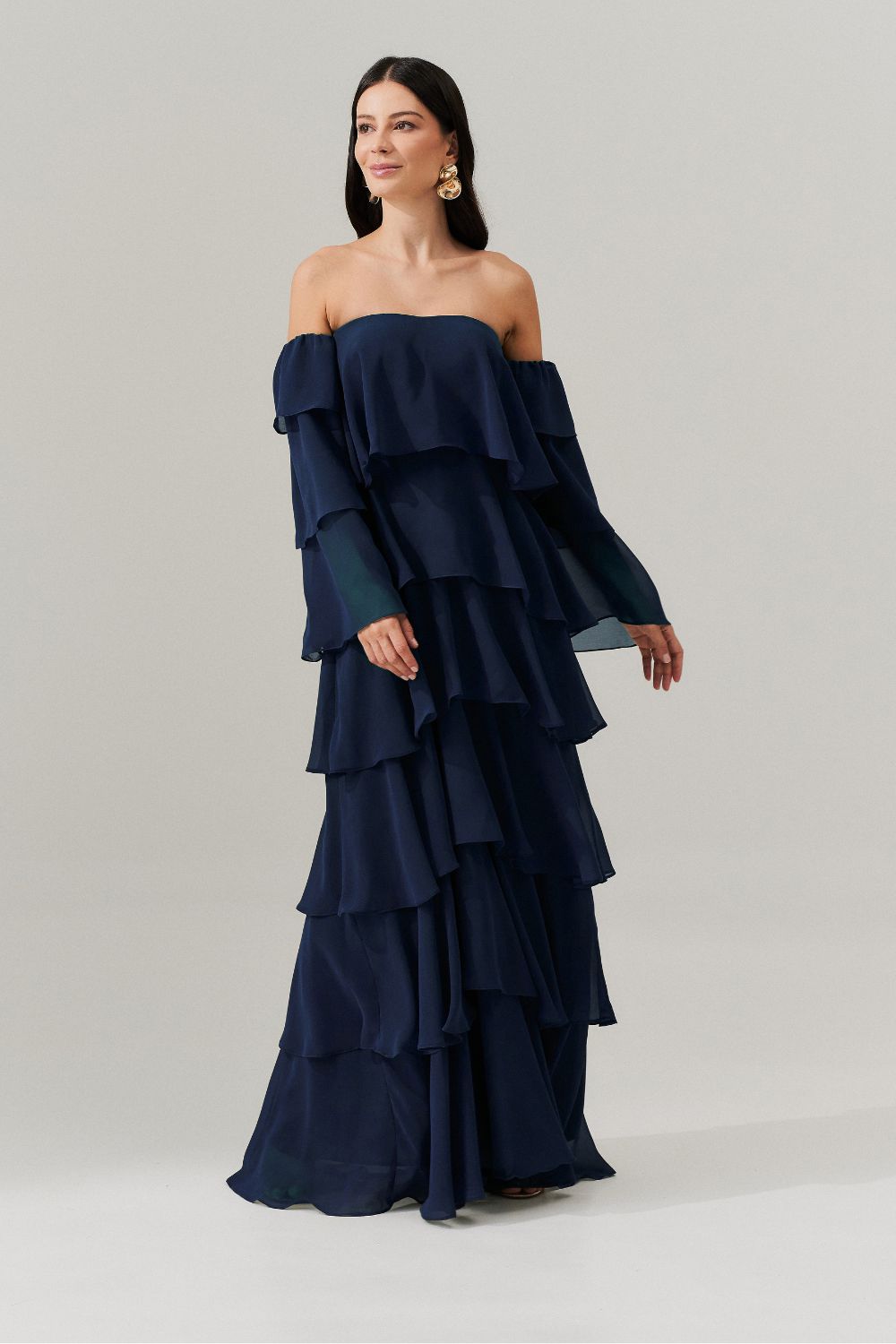 Vestido Longo com Manga Removivel e Babados em Camadas - França Marinho