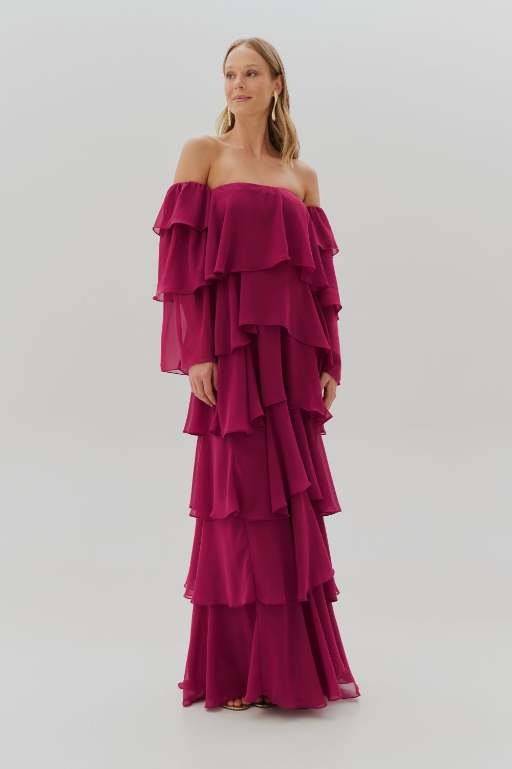 Vestido Longo com Manga Removivel e Babados em Camadas - França Fucsia