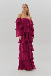 Vestido Longo com Manga Removivel e Babados em Camadas - França Fucsia