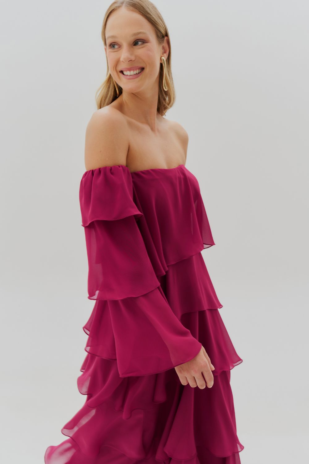 Vestido Longo com Manga Removivel e Babados em Camadas - França Fucsia