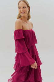 Vestido Longo com Manga Removivel e Babados em Camadas - França Fucsia