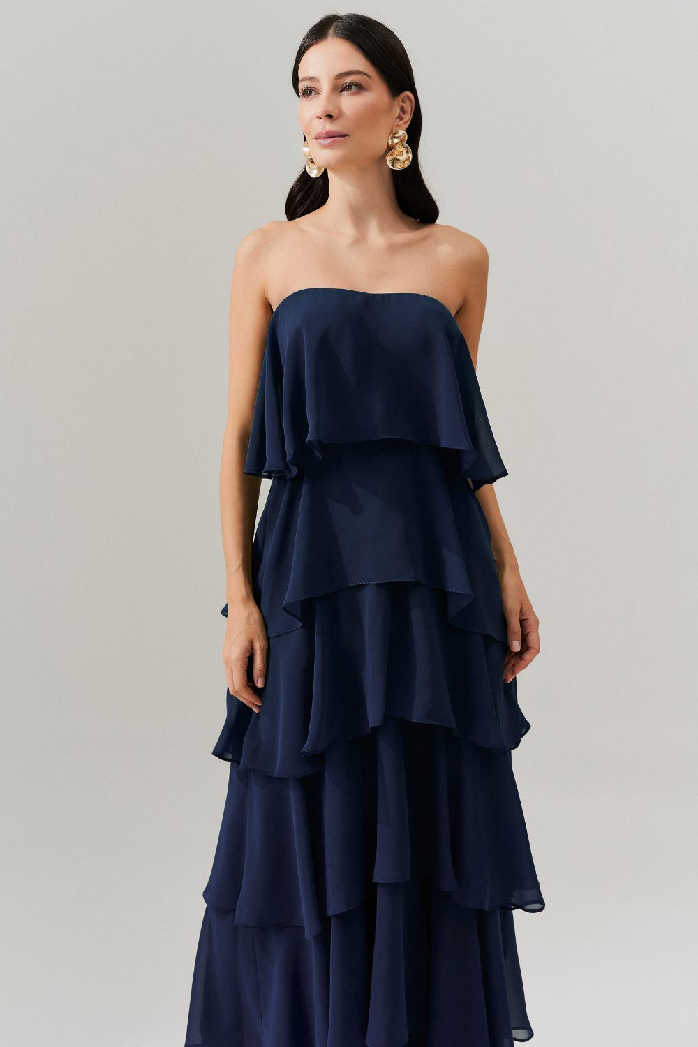 Vestido Longo com Manga Removivel e Babados em Camadas - França Marinho