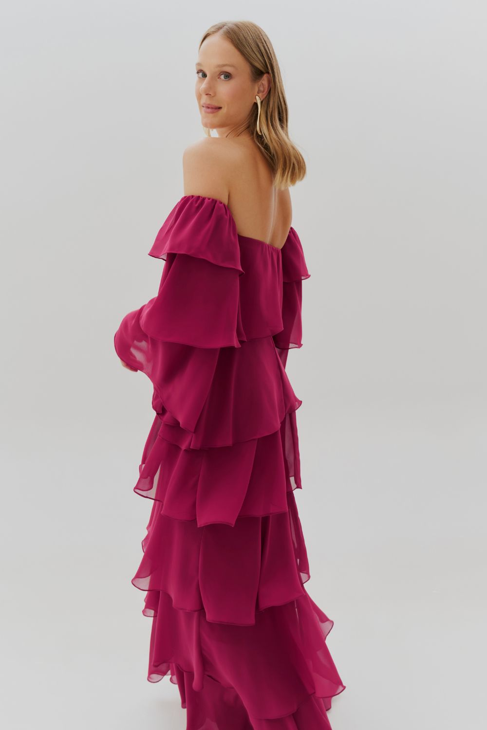 Vestido Longo com Manga Removivel e Babados em Camadas - França Fucsia