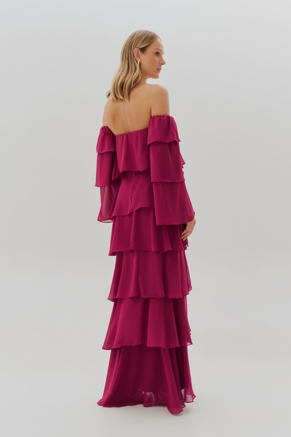Vestido Longo com Manga Removivel e Babados em Camadas - França Fucsia