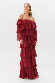 Vestido Longo com Manga Removivel e Babados em Camadas   - França Marsala
