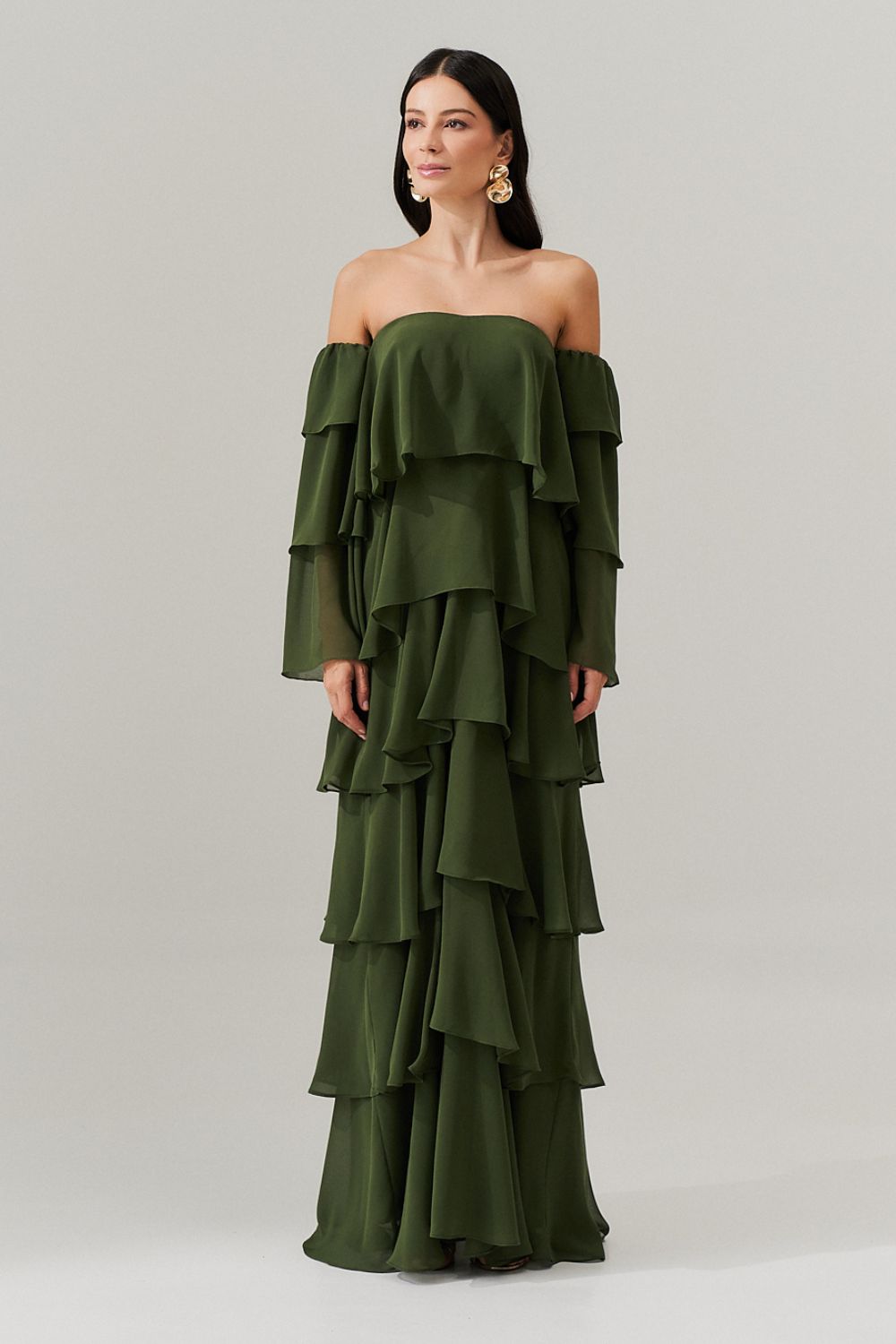 Vestido Longo com Manga Removivel e Babados em Camadas   - França Oliva