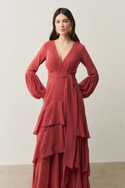 Vestido Longo com Mangas Longas e Saia em Camadas - Lyon Terracota