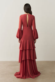 Vestido Longo com Mangas Longas e Saia em Camadas - Lyon Terracota
