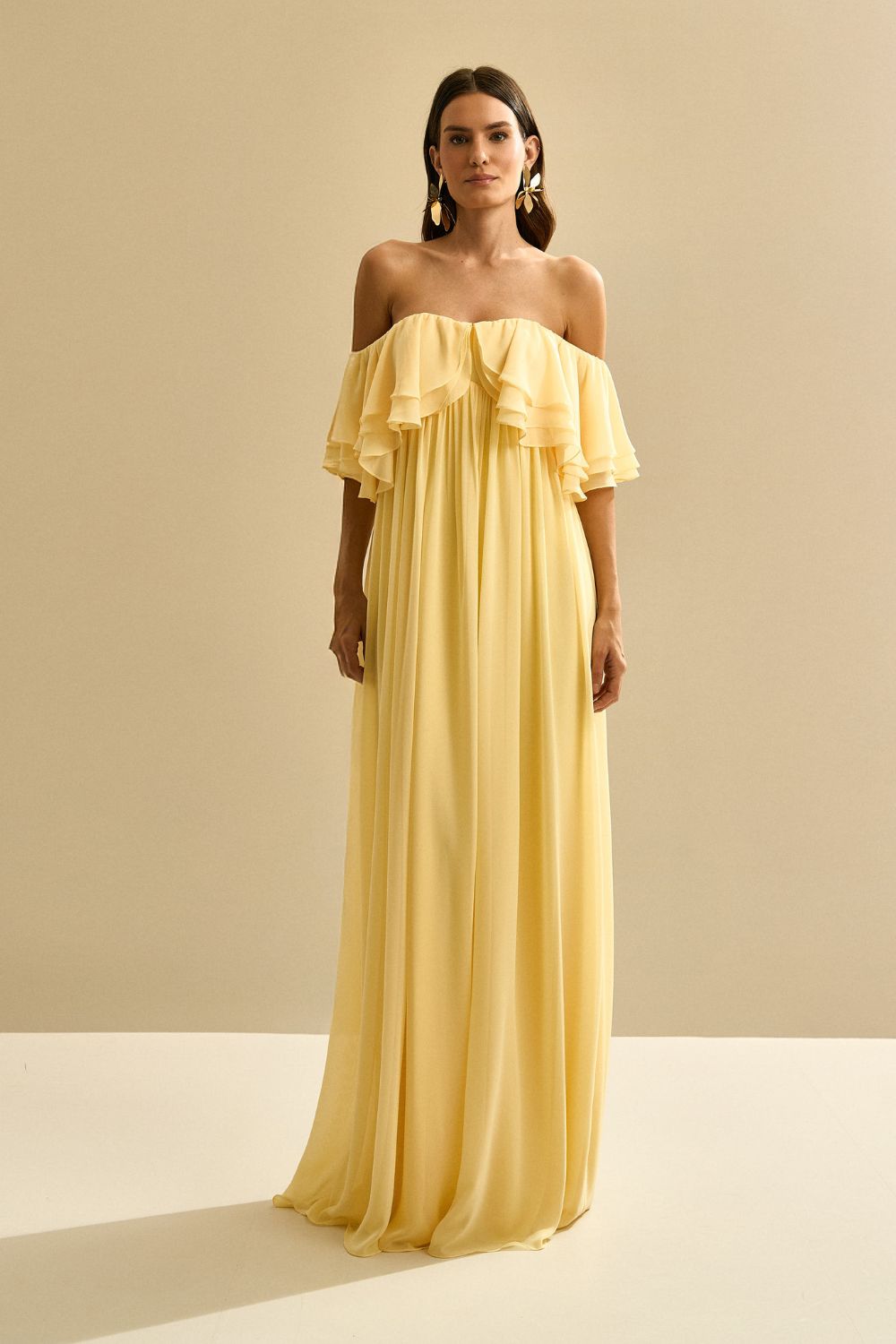 Vestido Longo com Mangas Ombro a Ombro e Babados - Himalaia Amarelo