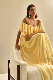 Vestido Longo com Mangas Ombro a Ombro e Babados - Himalaia Amarelo