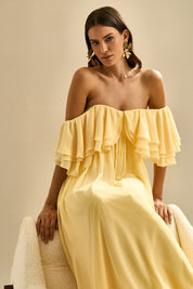 Vestido Longo com Mangas Ombro a Ombro e Babados - Himalaia Amarelo