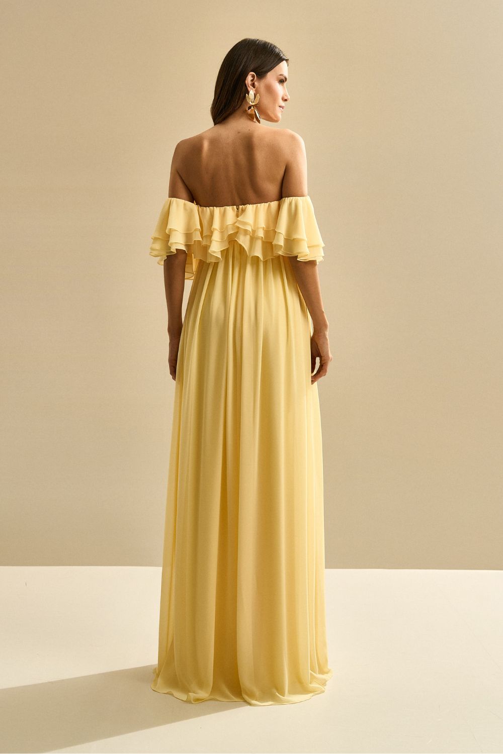 Vestido Longo com Mangas Ombro a Ombro e Babados - Himalaia Amarelo