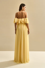 Vestido Longo com Mangas Ombro a Ombro e Babados - Himalaia Amarelo