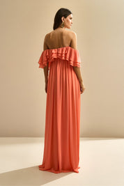 Vestido Longo com Mangas Ombro a Ombro e Babados - Himalaia Coral