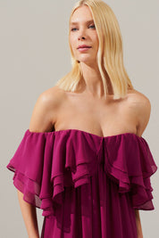 Vestido Longo com Mangas Ombro a Ombro e Babados - Himalaia Fúcsia