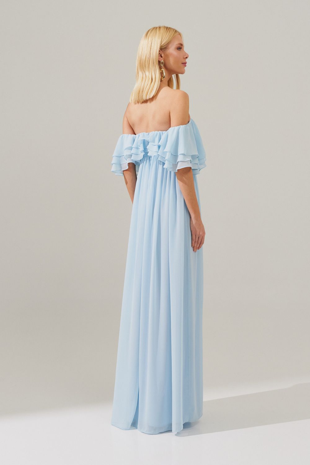 Vestido Longo com Mangas Ombro a Ombro e Babados - Himalaia Serenity