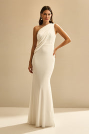 Vestido Longo com Ombro Único, Drapeado no Busto e Costas - Hera Off White