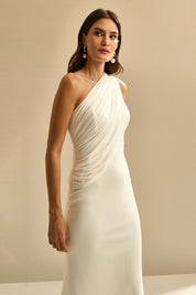 Vestido Longo com Ombro Único, Drapeado no Busto e Costas - Hera Off White