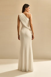 Vestido Longo com Ombro Único, Drapeado no Busto e Costas - Hera Off White