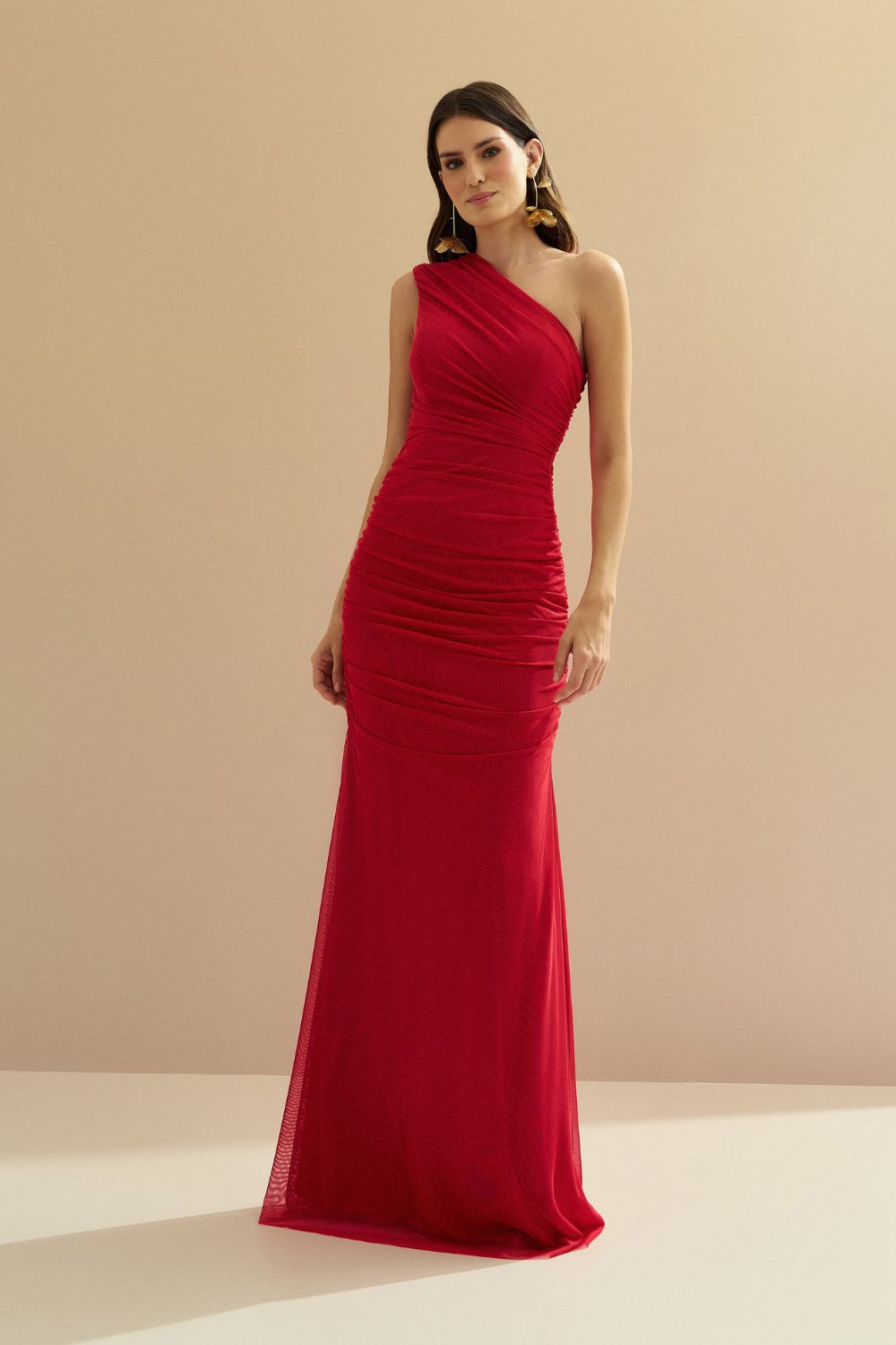 Vestido Longo com Ombro Único e Franzidos - Lugano Vermelho