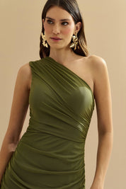 Vestido Longo com Ombro Único e Franzidos - Lugano Oliva