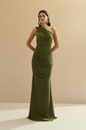 Vestido Longo com Ombro Único e Franzidos - Lugano Oliva