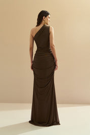 Vestido Longo com Ombro Único e Franzidos - Lugano Marrom